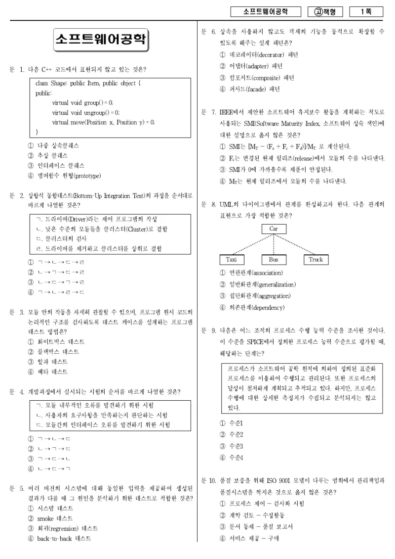7급 국가직 소프트웨어공학 2010년 시험지 1쪽
