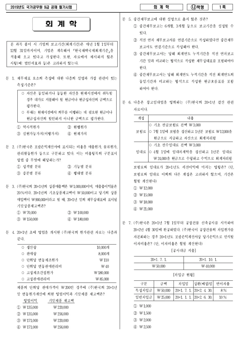 9급 국가직 회계학 2019년 시험지 1쪽