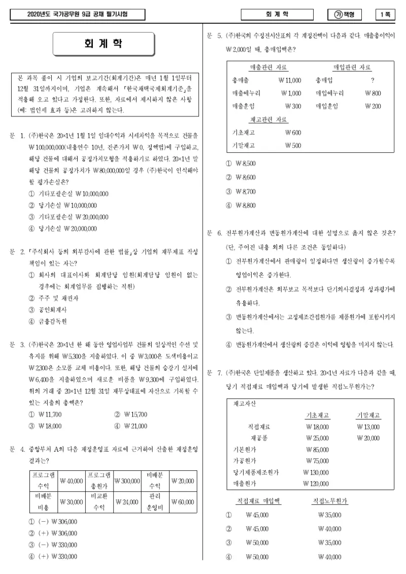9급 국가직 회계학 2020년 시험지 1쪽