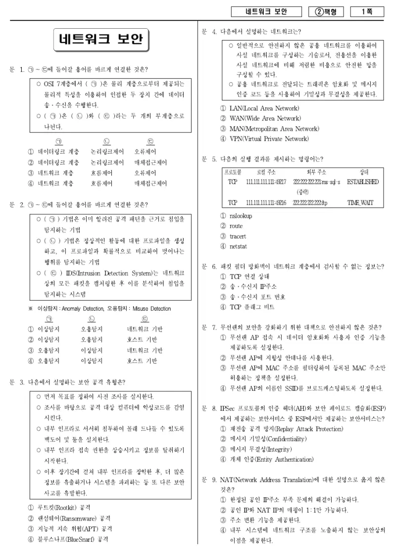 9급 국가직 네트워크 보안 2016년 시험지 1쪽
