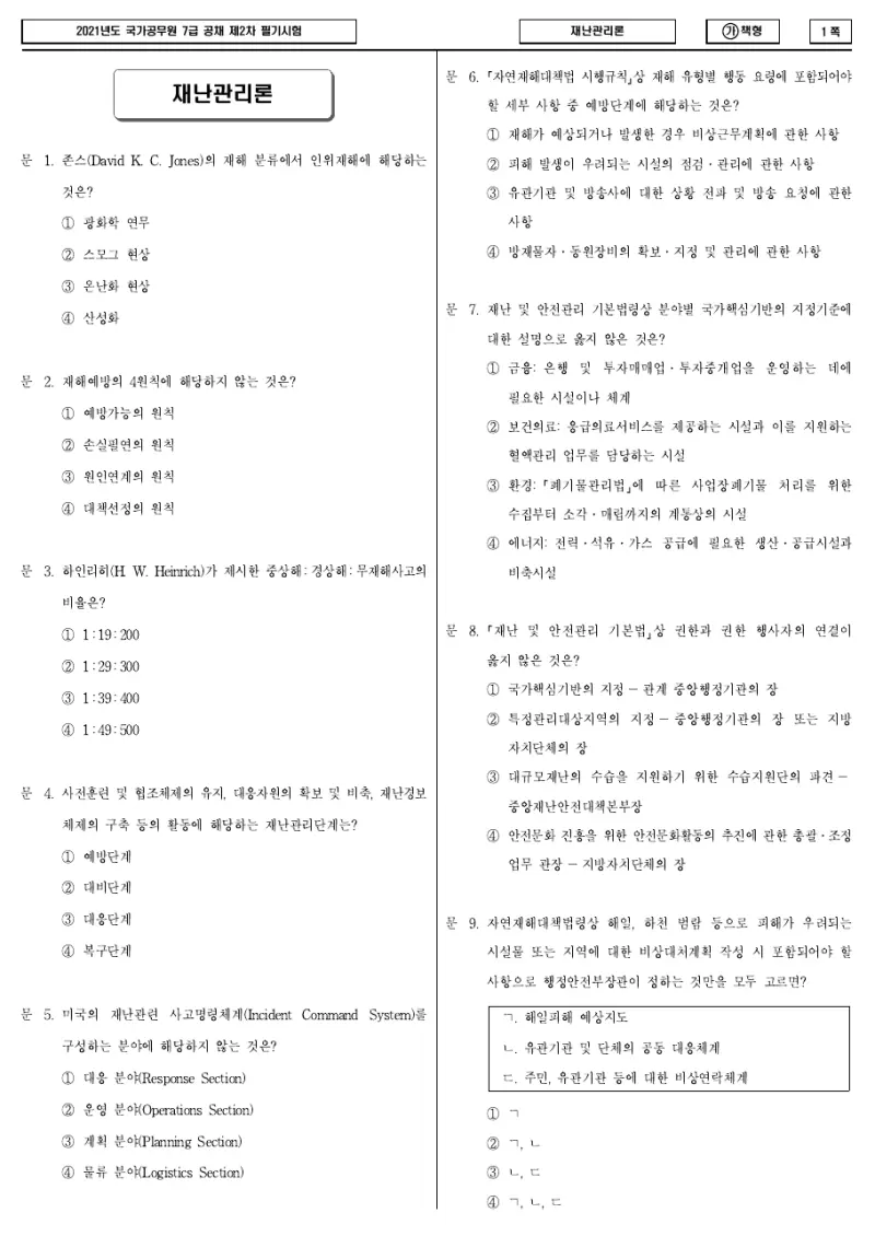 7급 국가직 재난관리론 2021년 시험지 1쪽