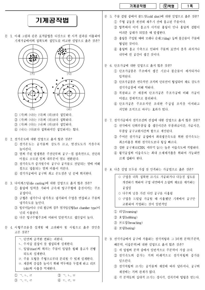 7급 국가직 기계공작법 2011년 시험지 1쪽