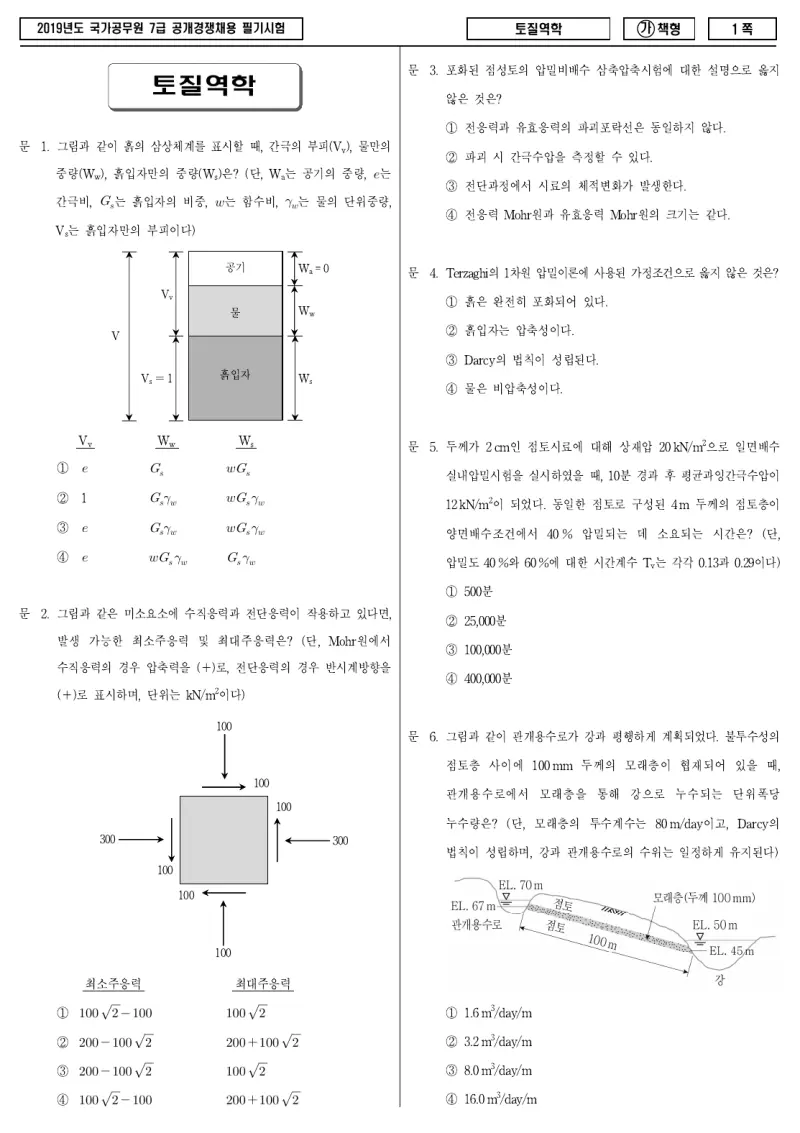 7급 국가직 토질역학 2019년 시험지 1쪽