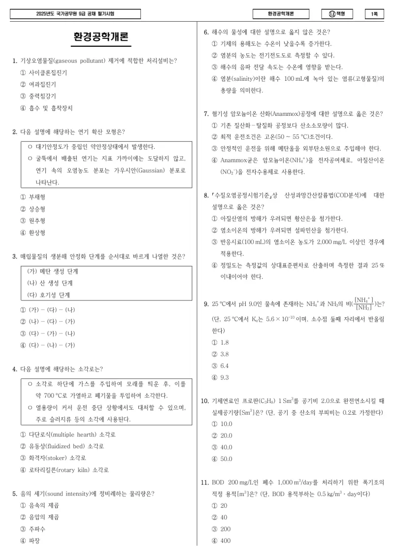 9급 국가직 환경공학개론 2025년 시험지 1쪽