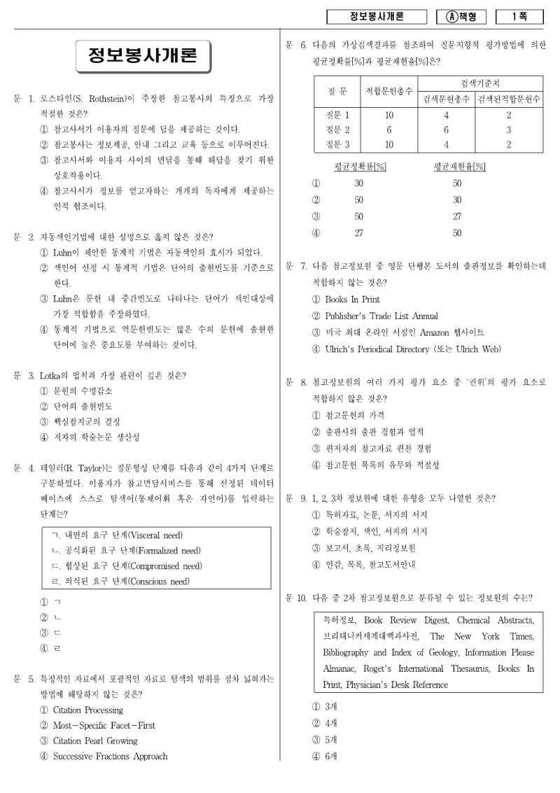9급 지방직 정보봉사개론 2010년 시험지 1쪽