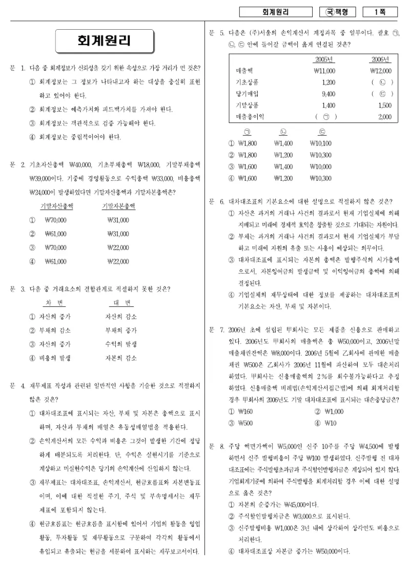 9급 국가직 회계원리 2007년 시험지 1쪽