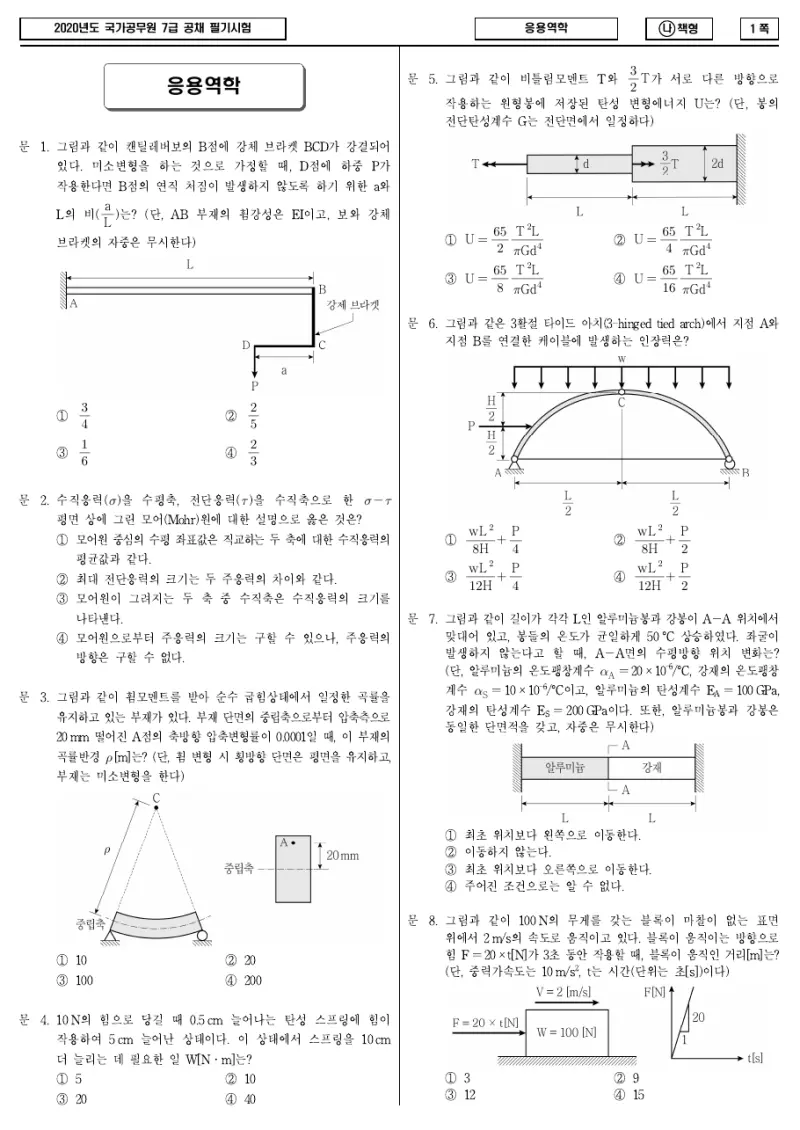 7급 국가직 응용역학 2020년 시험지 1쪽