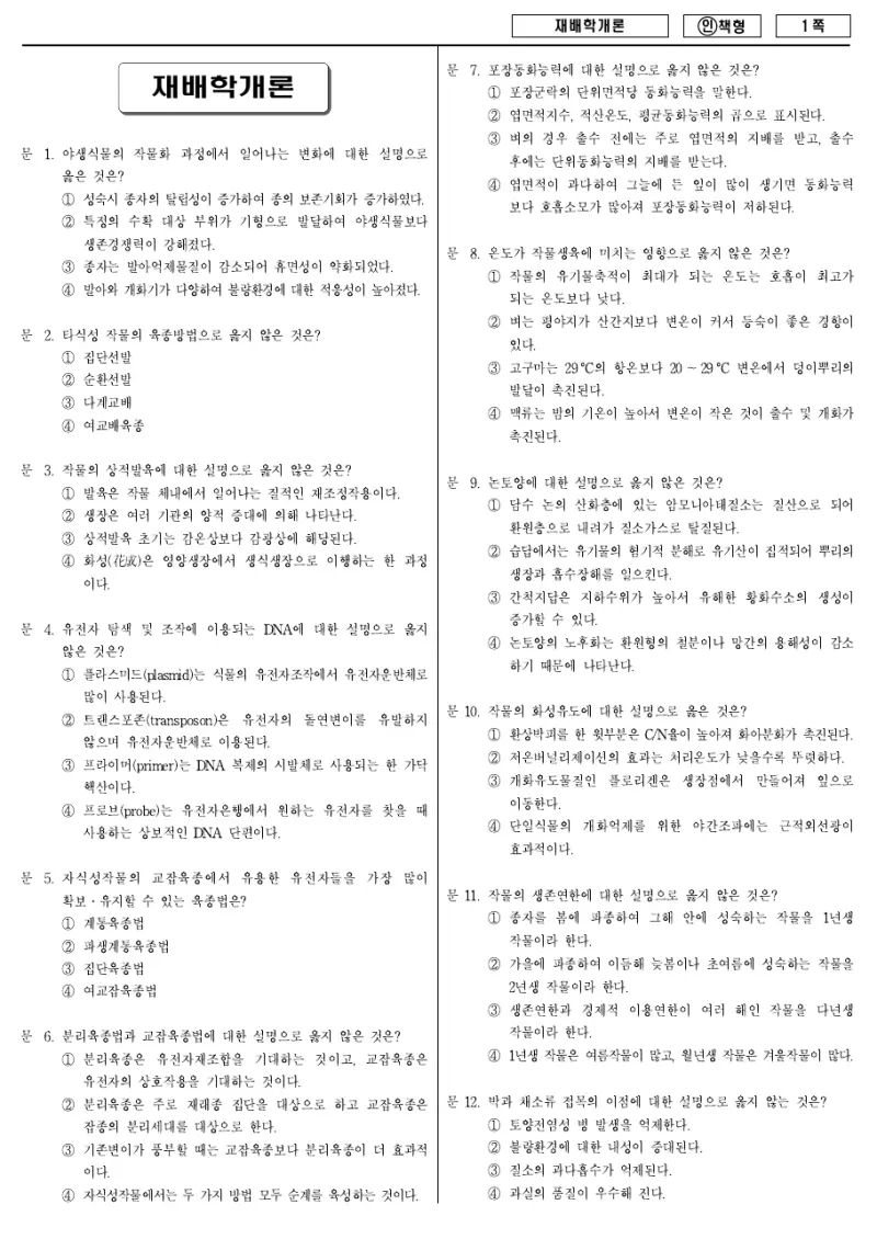 9급 국가직 재배학개론 2012년 시험지 1쪽