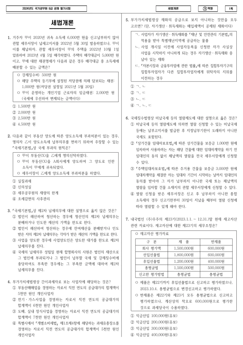 9급 국가직 세법개론 2024년 시험지 1쪽