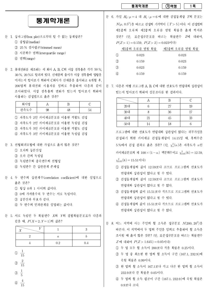 9급 국가직 통계학개론 2018년 시험지 1쪽