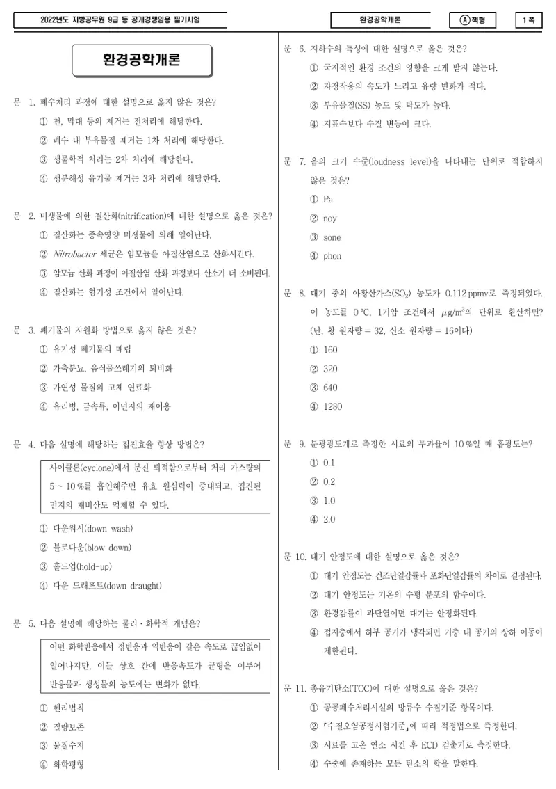 9급 지방직 환경공학개론 2022년 시험지 1쪽