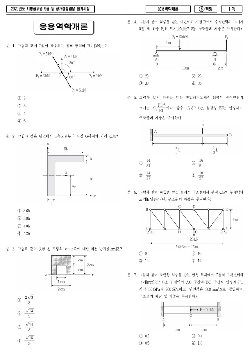 9급 지방직 응용역학개론 2020년 시험지 1쪽