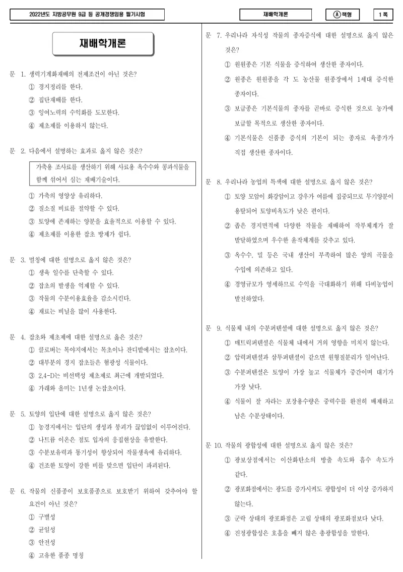 9급 지방직 재배학개론 2022년 시험지 1쪽