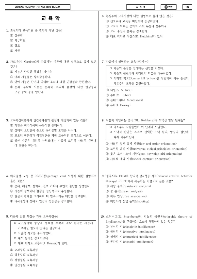 7급 국가직 교육학 2024년 시험지 1쪽