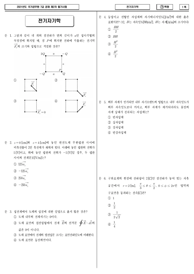 7급 국가직 전기자기학 2021년 시험지 1쪽