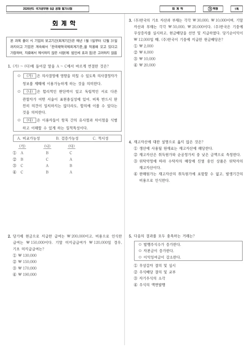 9급 국가직 회계학 2026년 시험지 1쪽