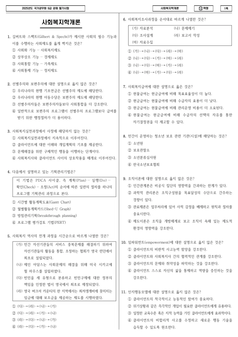 9급 국가직 사회복지학개론 2025년 시험지 1쪽
