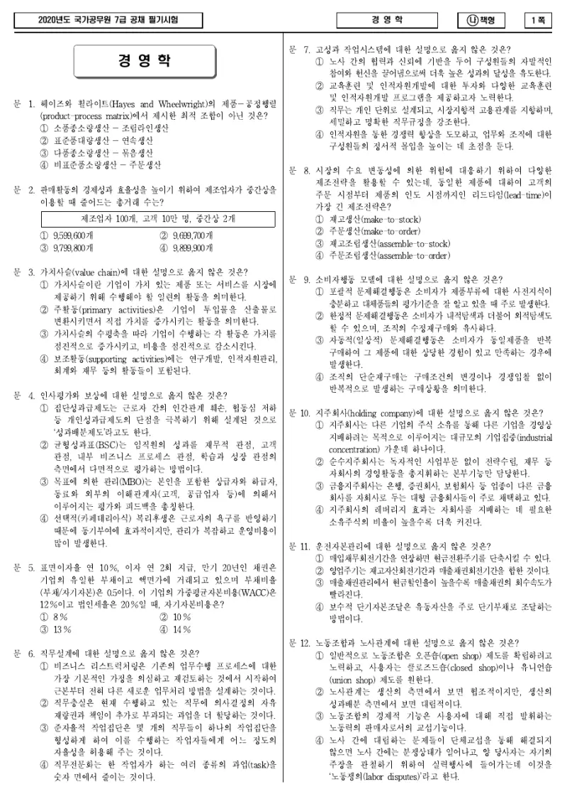 7급 국가직 경영학 2020년 시험지 1쪽