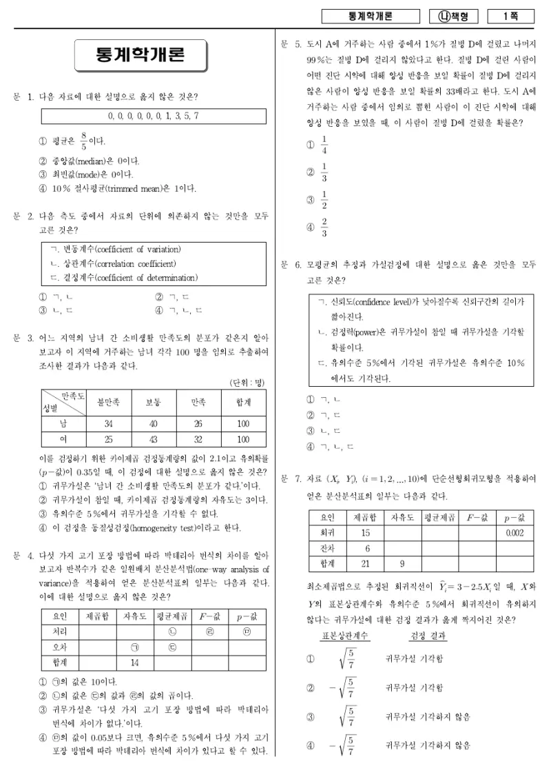 9급 국가직 통계학개론 2017년 시험지 1쪽