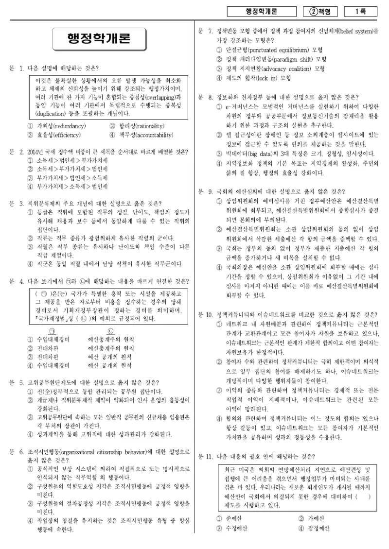 9급 국가직 행정학개론 2016년 시험지 1쪽