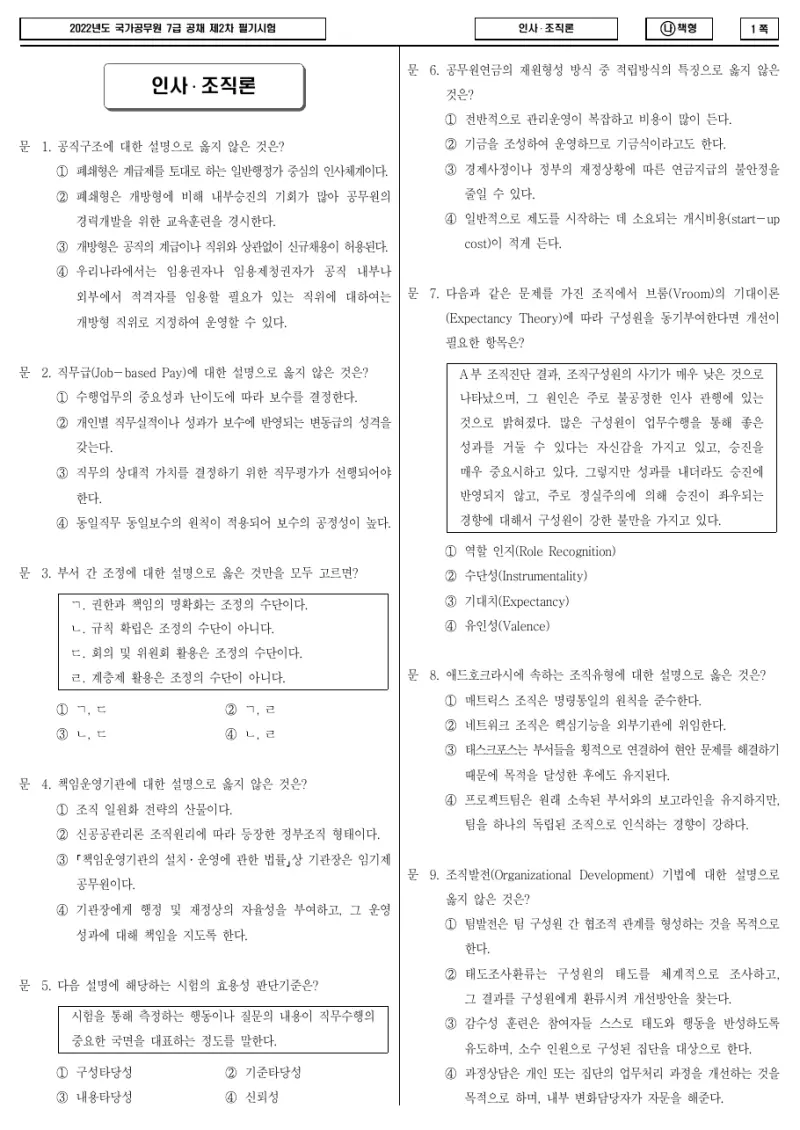 7급 국가직 인사·조직론 2022년 시험지 1쪽