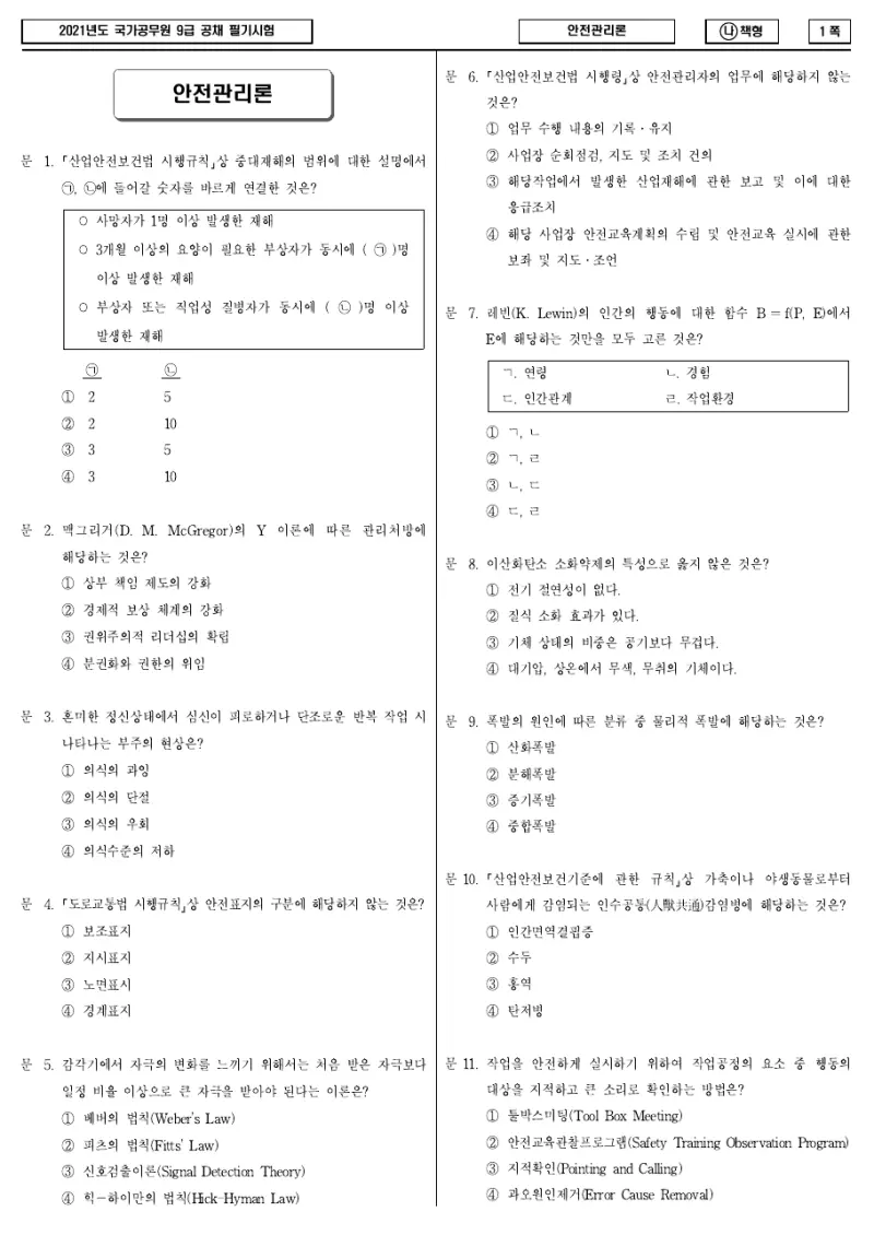 9급 국가직 안전관리론 2021년 시험지 1쪽