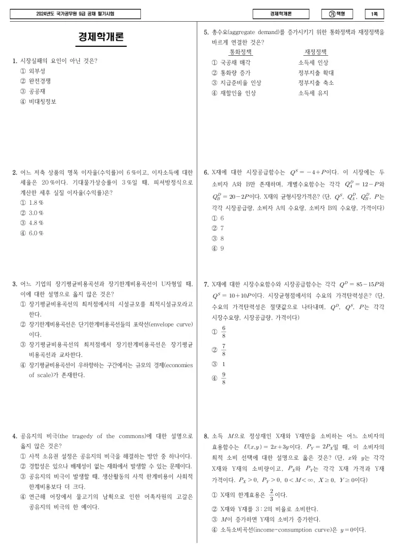 9급 국가직 경제학개론 2024년 시험지 1쪽