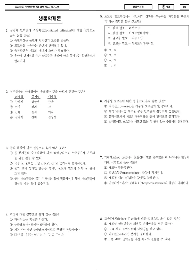 7급 국가직 생물학개론 2023년 시험지 1쪽