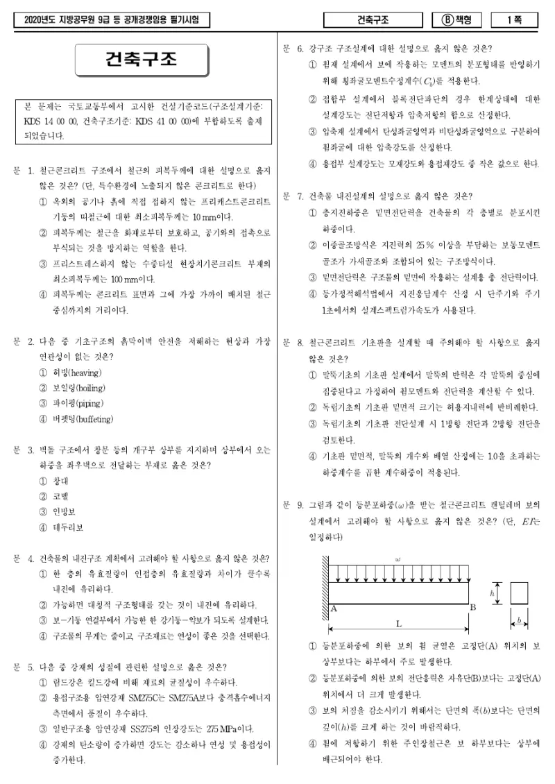 9급 지방직 건축구조 2020년 시험지 1쪽