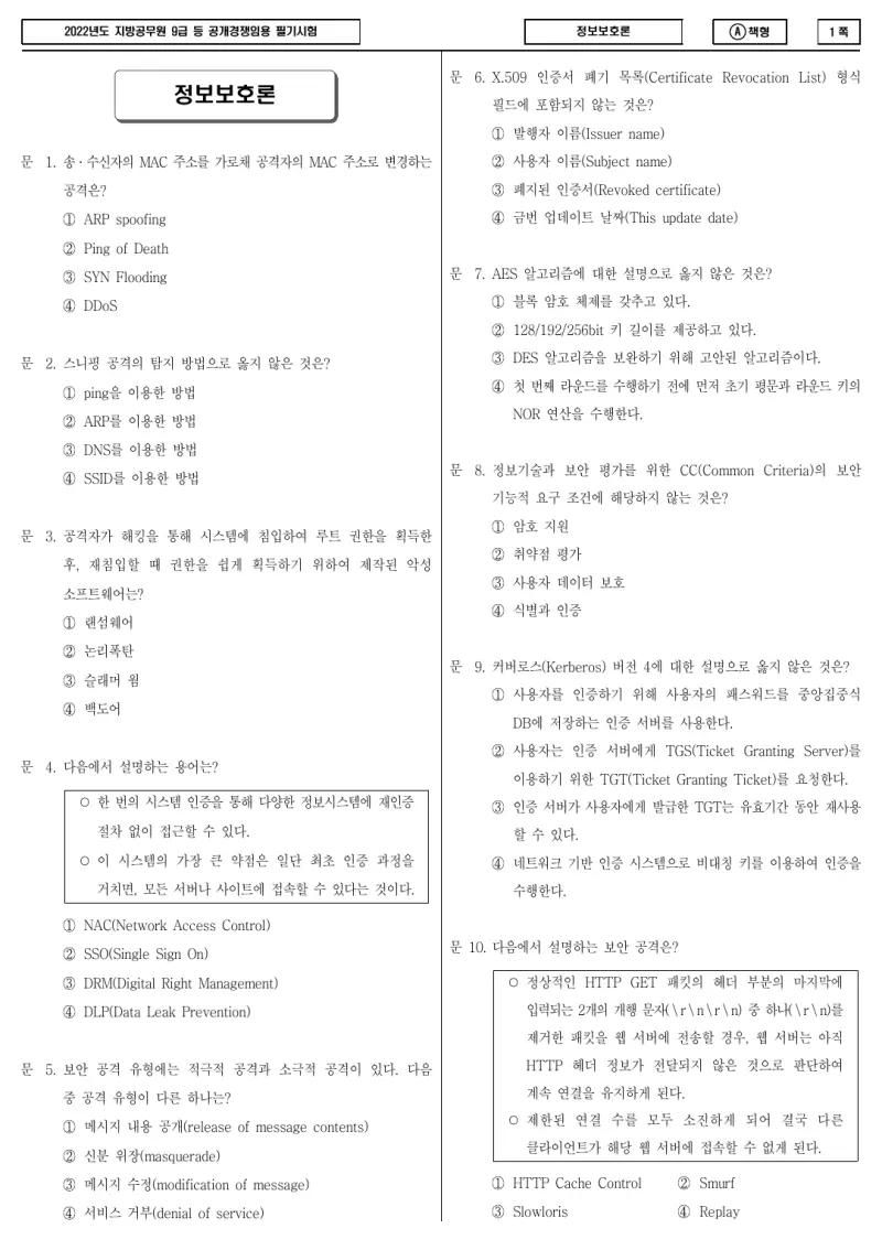 9급 지방직 정보보호론 2022년 시험지 1쪽