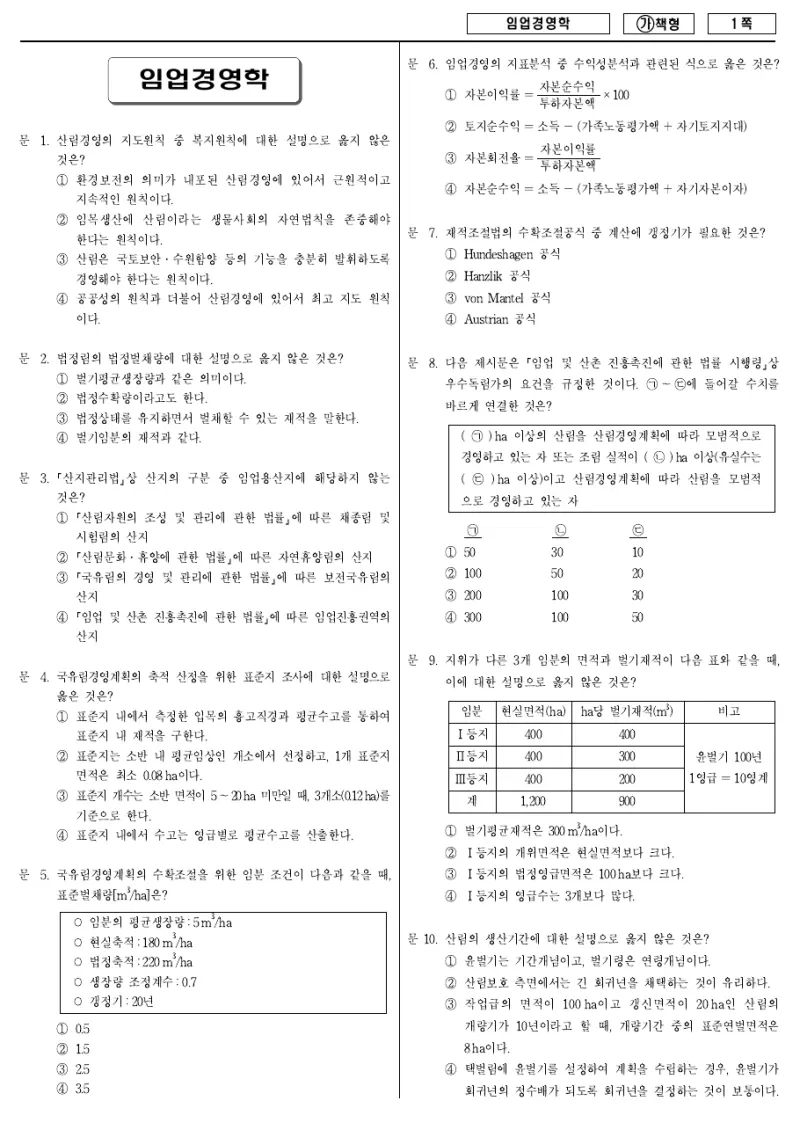 7급 국가직 임업경영학 2017년 시험지 1쪽