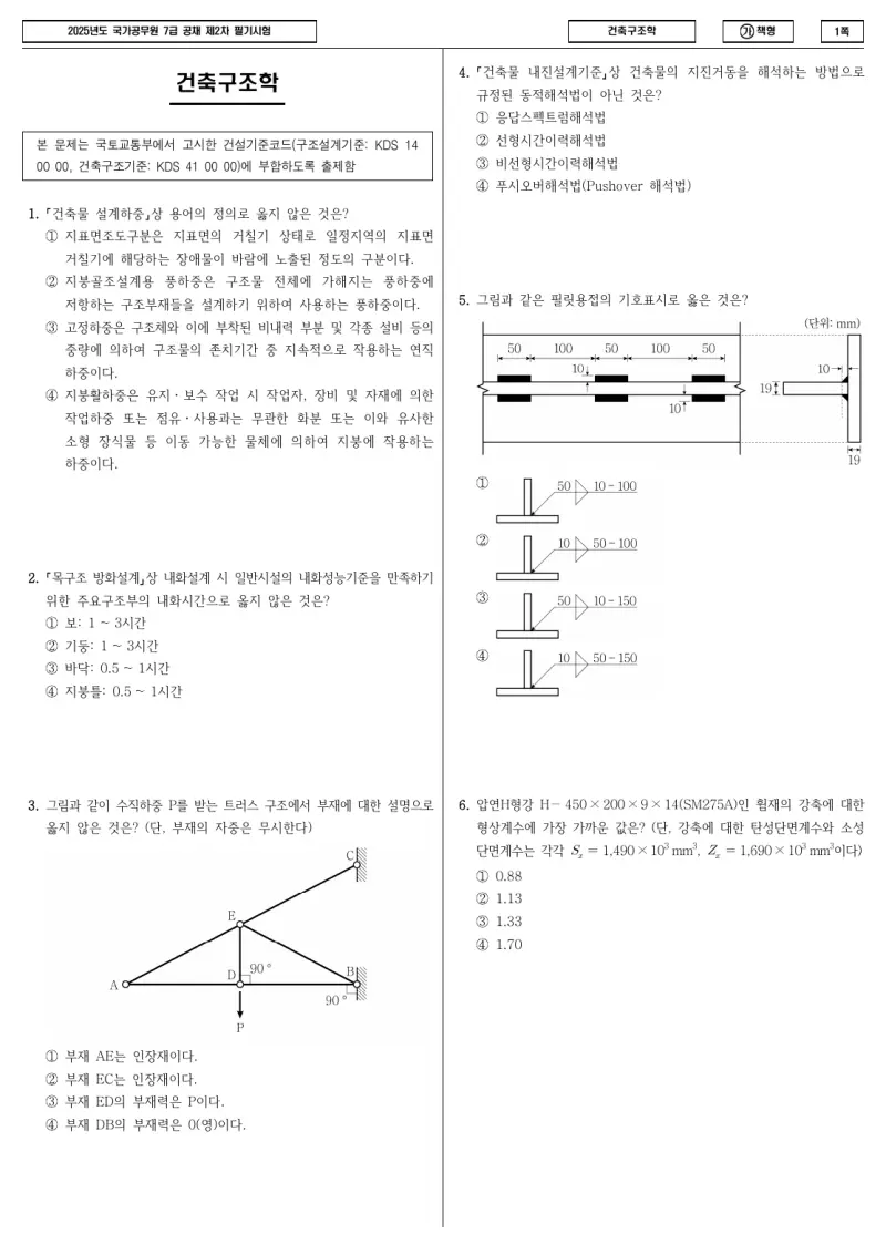 7급 국가직 건축구조학 2025년 시험지 1쪽