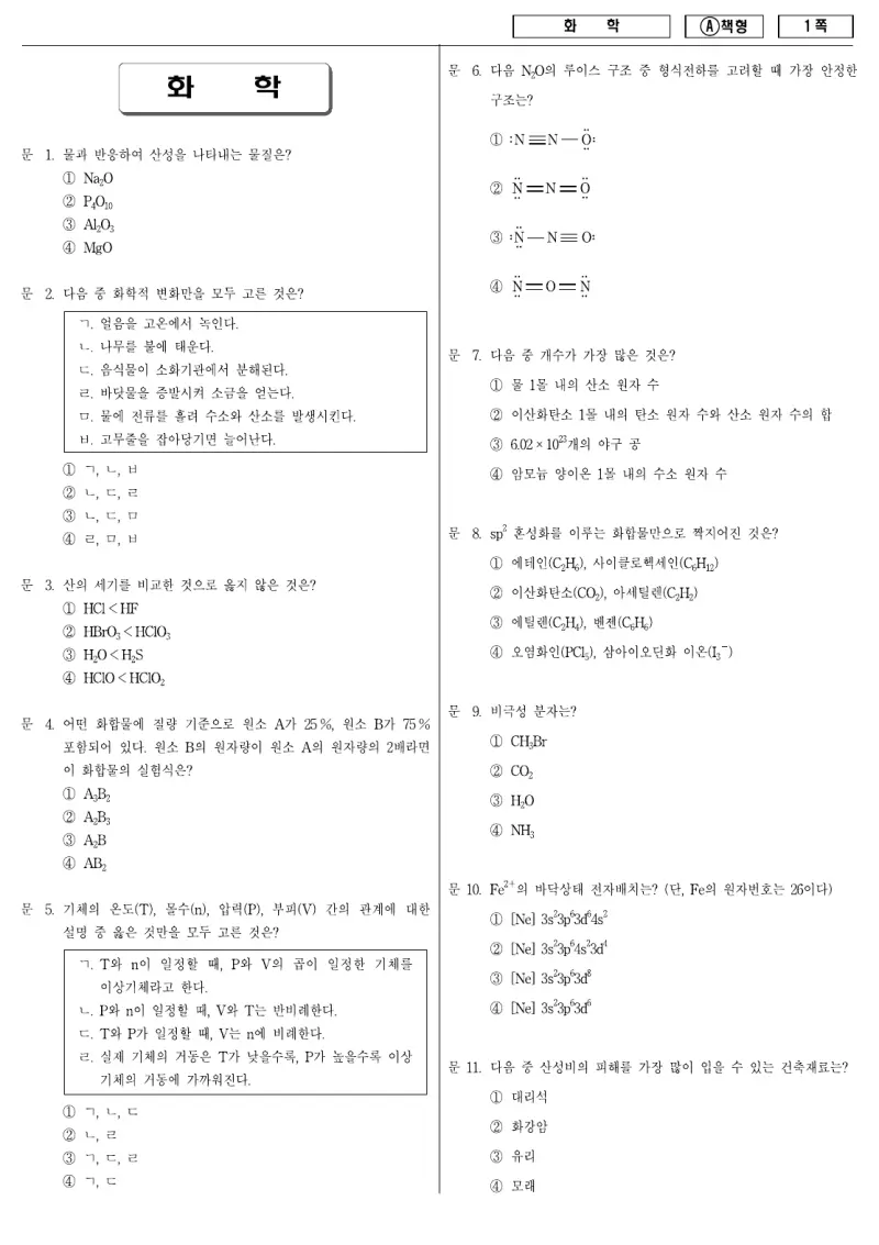 9급 지방직 화학 2010년 시험지 1쪽