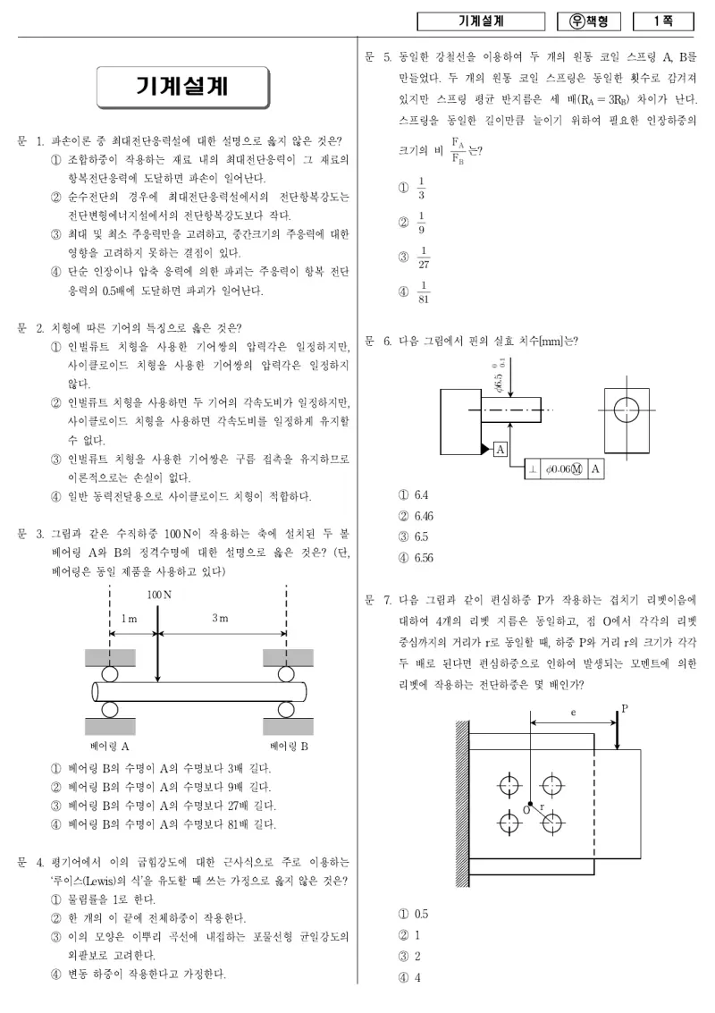 7급 국가직 기계설계 2011년 시험지 1쪽