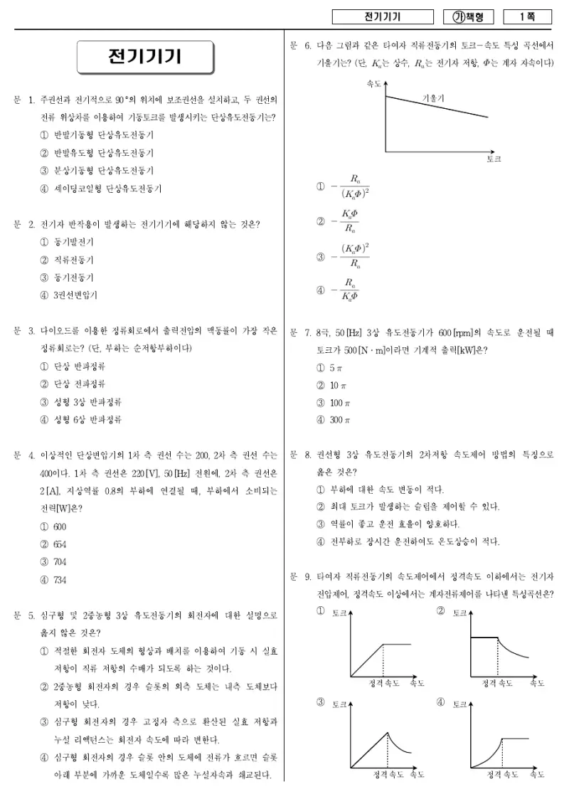 9급 국가직 전기기기 2018년 시험지 1쪽
