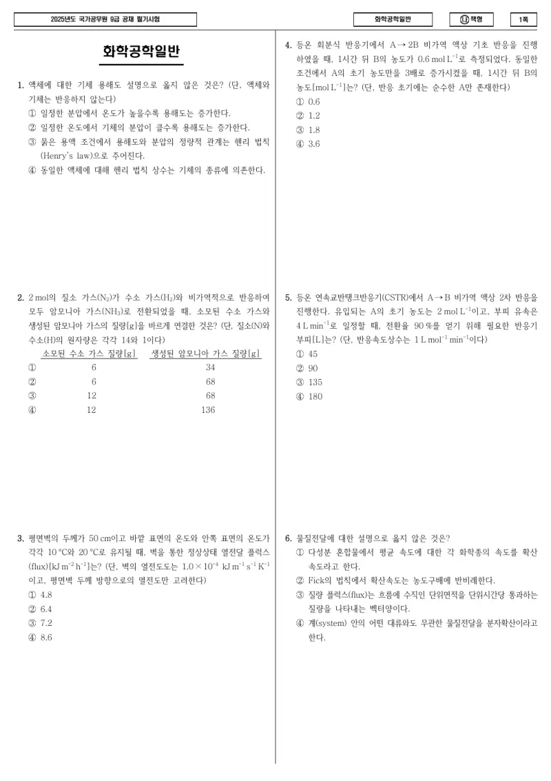 9급 국가직 화학공학일반 2025년 시험지 1쪽