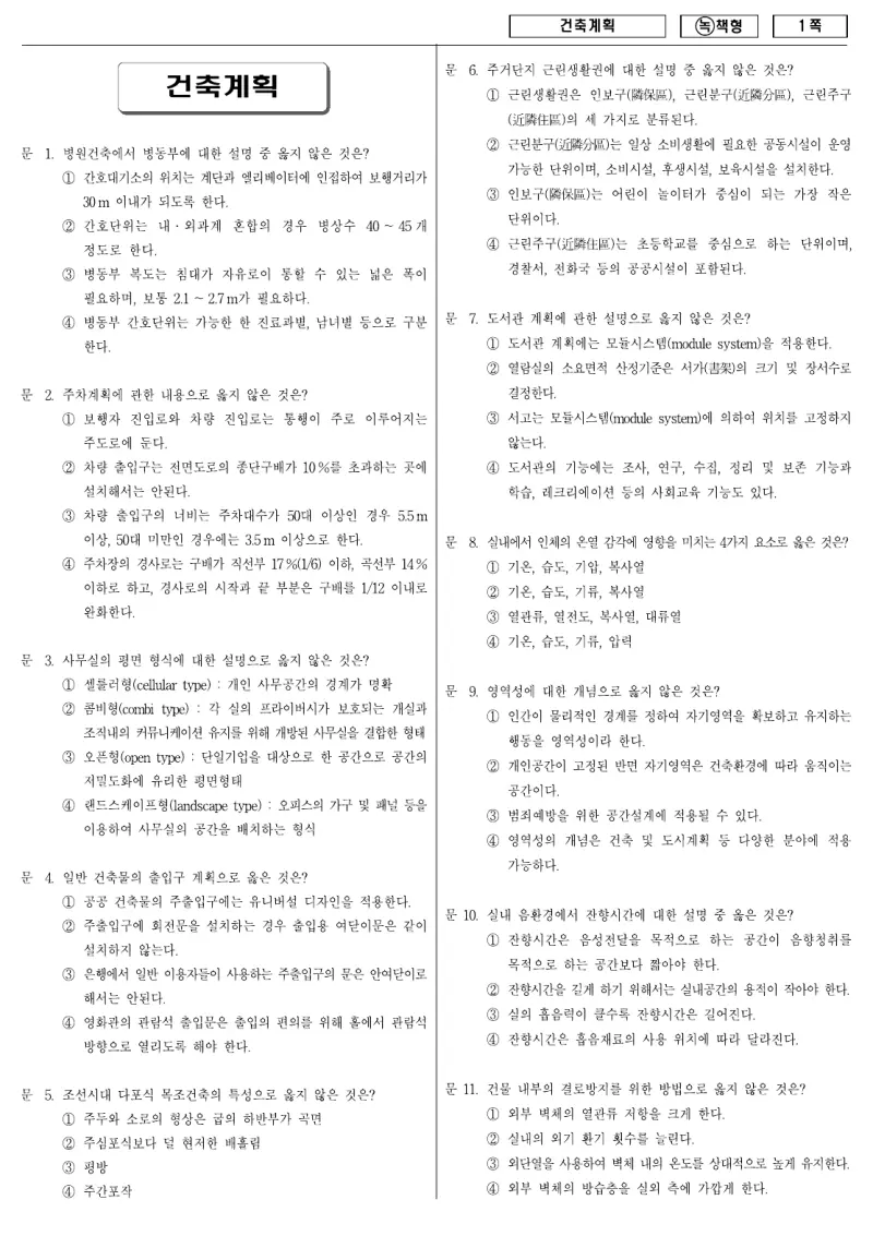 9급 국가직 건축계획 2009년 시험지 1쪽