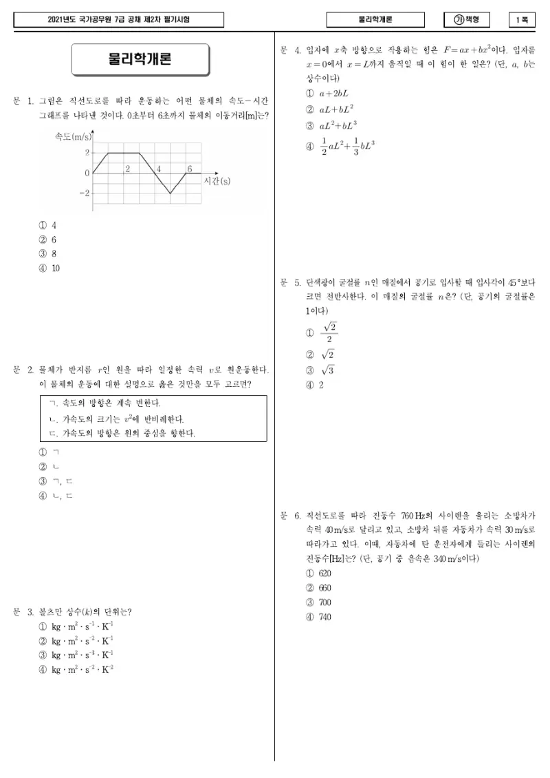 7급 국가직 물리학개론 2021년 시험지 1쪽