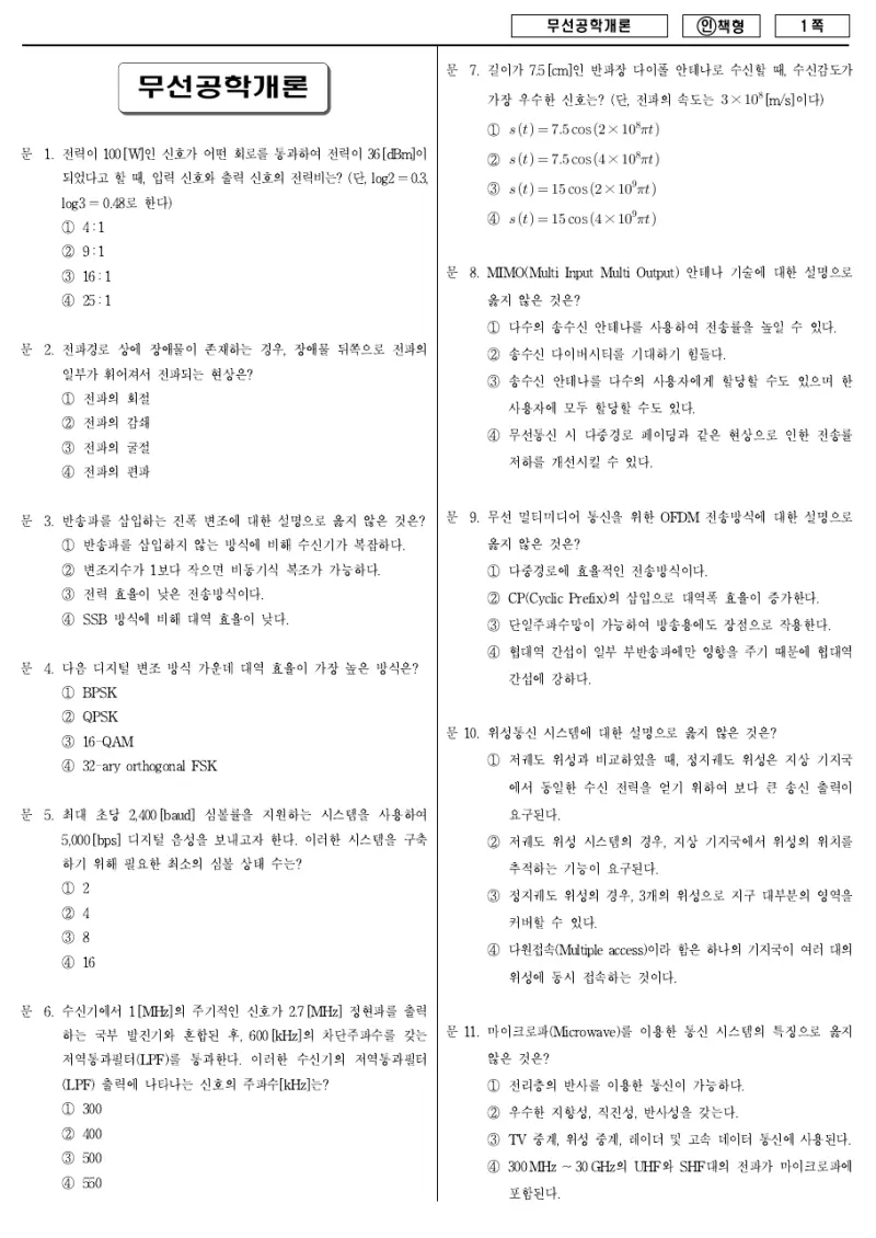 9급 국가직 무선공학개론 2013년 시험지 1쪽