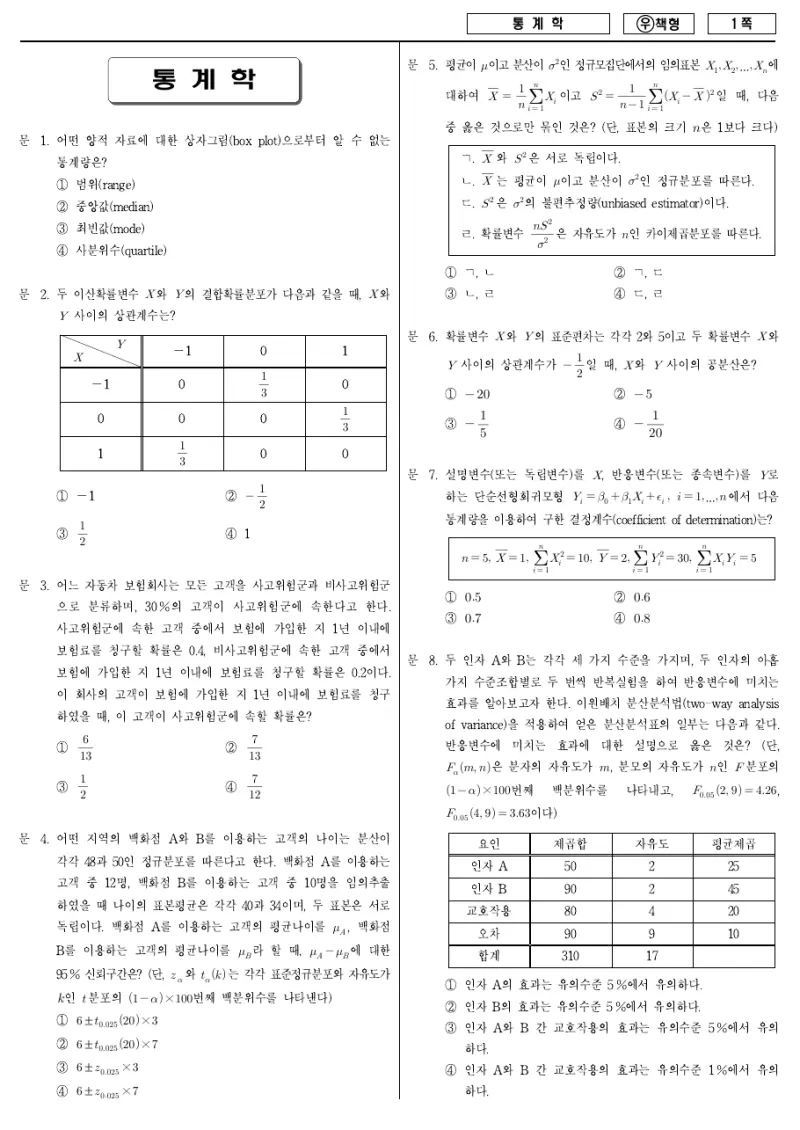 7급 국가직 통계학 2011년 시험지 1쪽