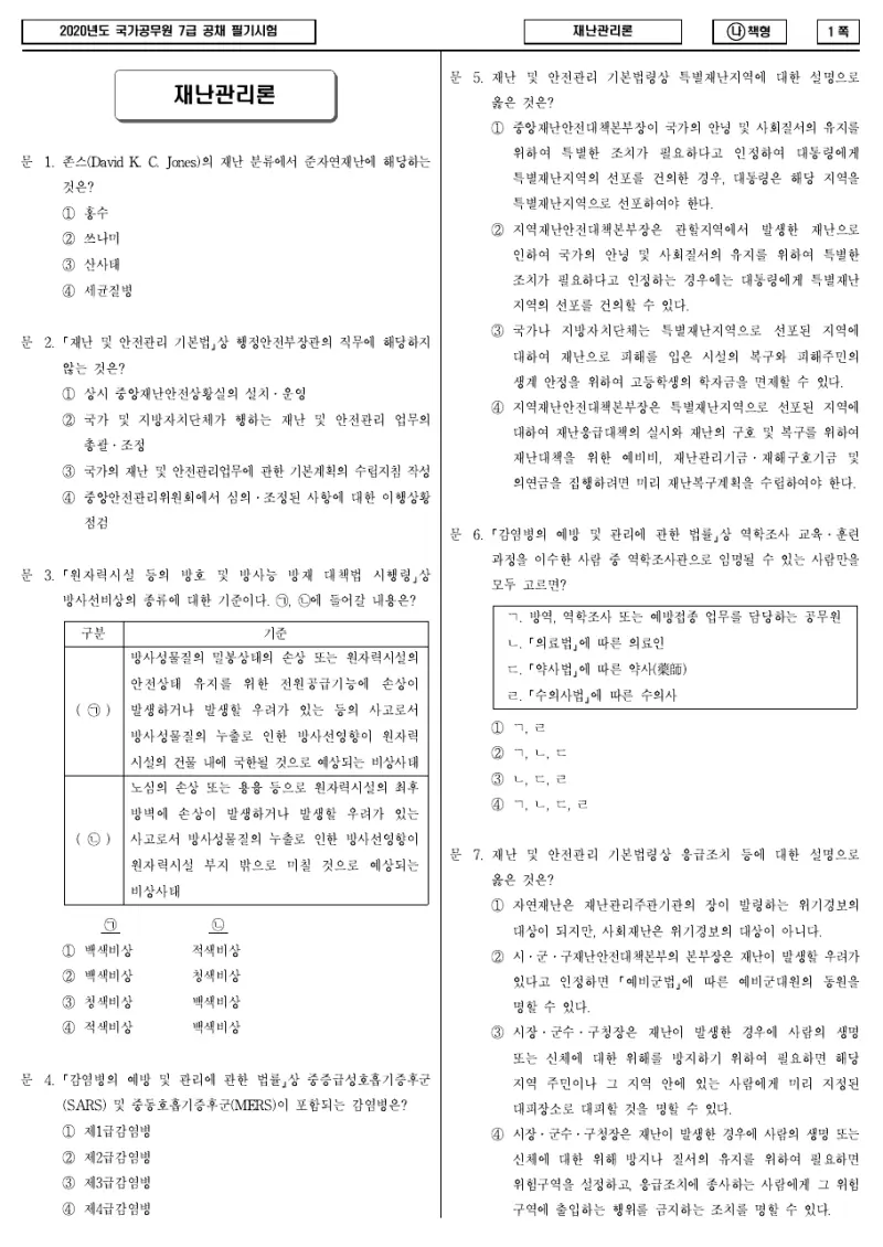 7급 국가직 재난관리론 2020년 시험지 1쪽