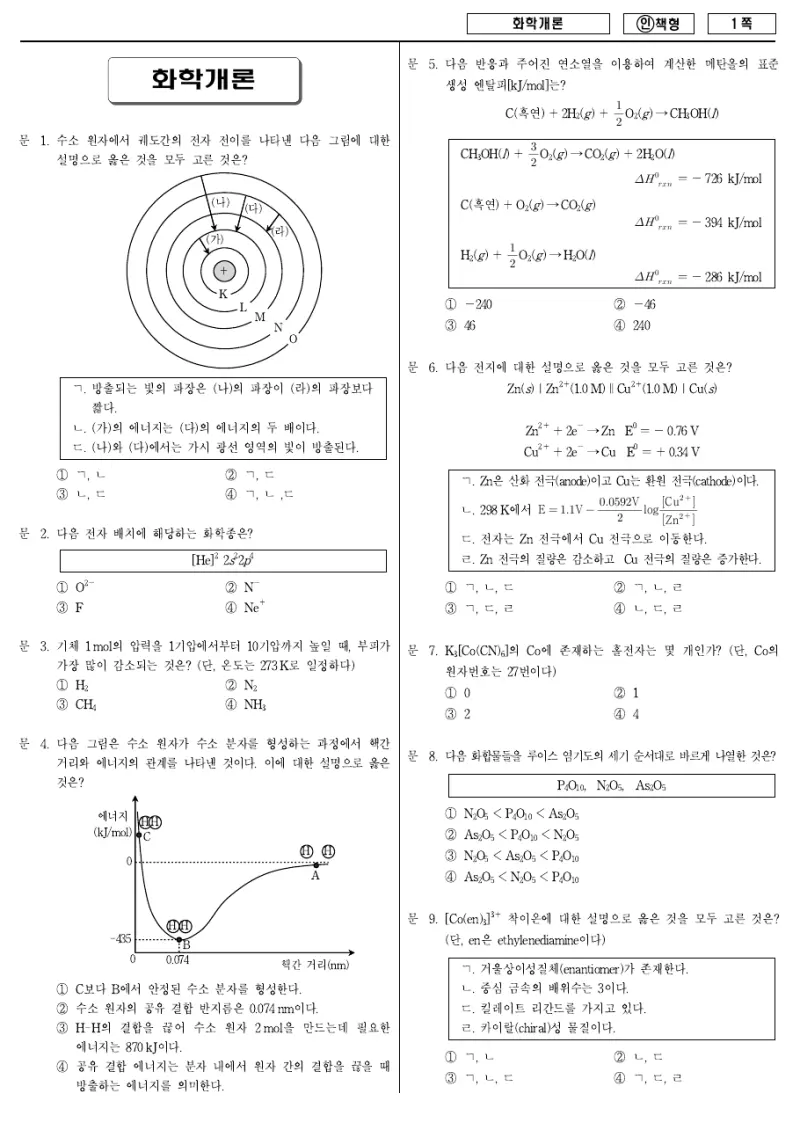 7급 국가직 화학개론 2013년 시험지 1쪽