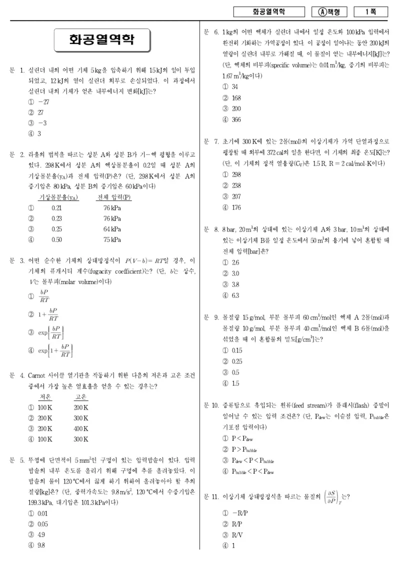 7급 국가직 화공열역학 2014년 시험지 1쪽