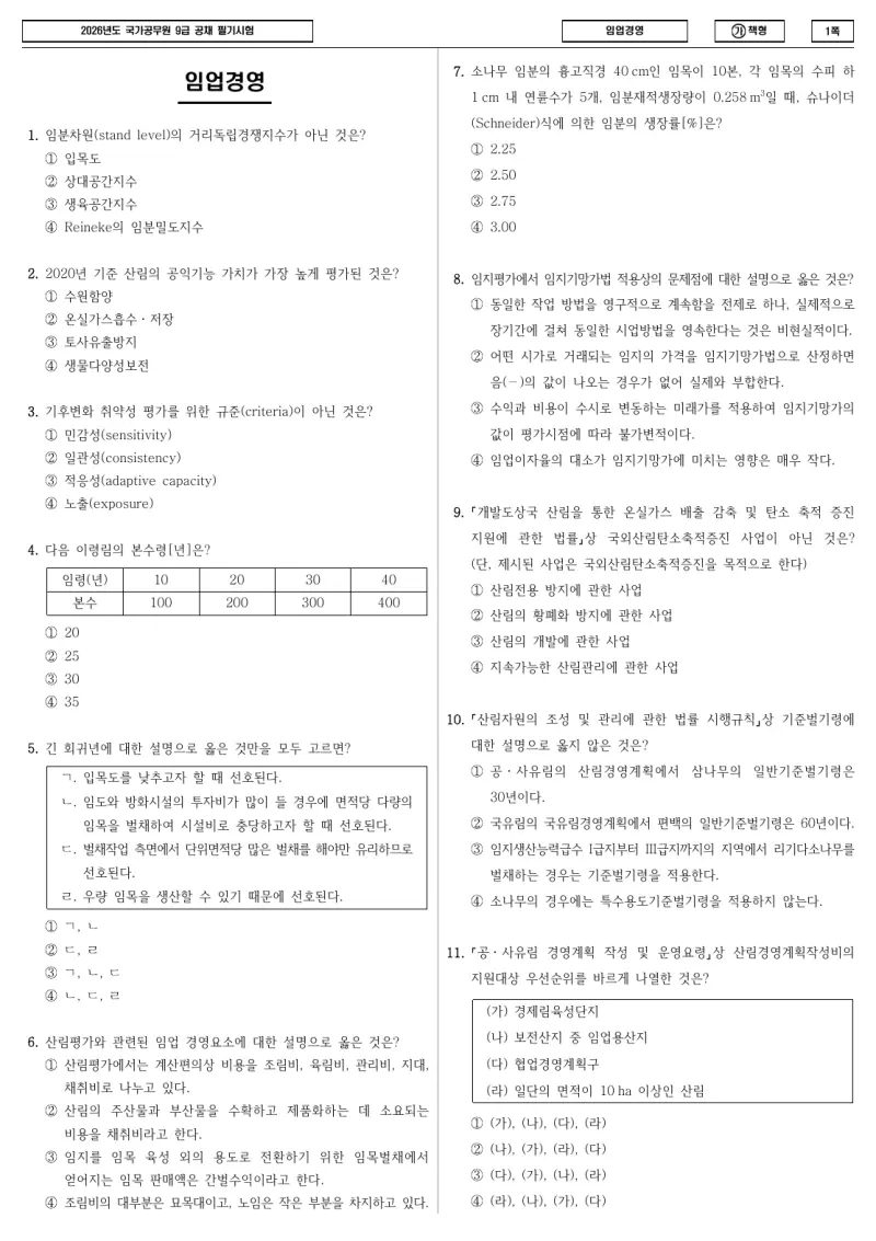 9급 국가직 임업경영 2026년 시험지 1쪽