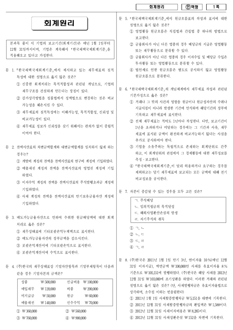 9급 국가직 회계원리 2011년 시험지 1쪽