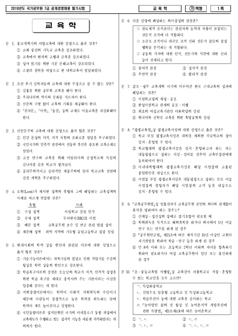 7급 국가직 교육학 2019년 시험지 1쪽