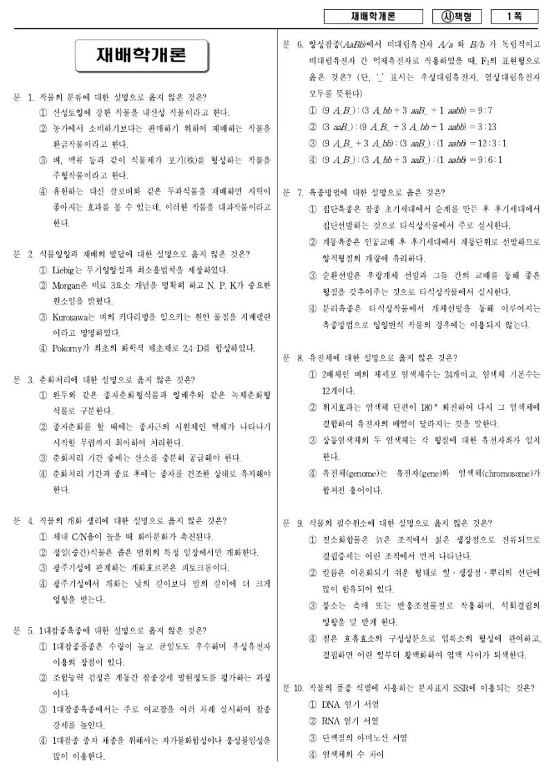 9급 국가직 재배학개론 2015년 시험지 1쪽
