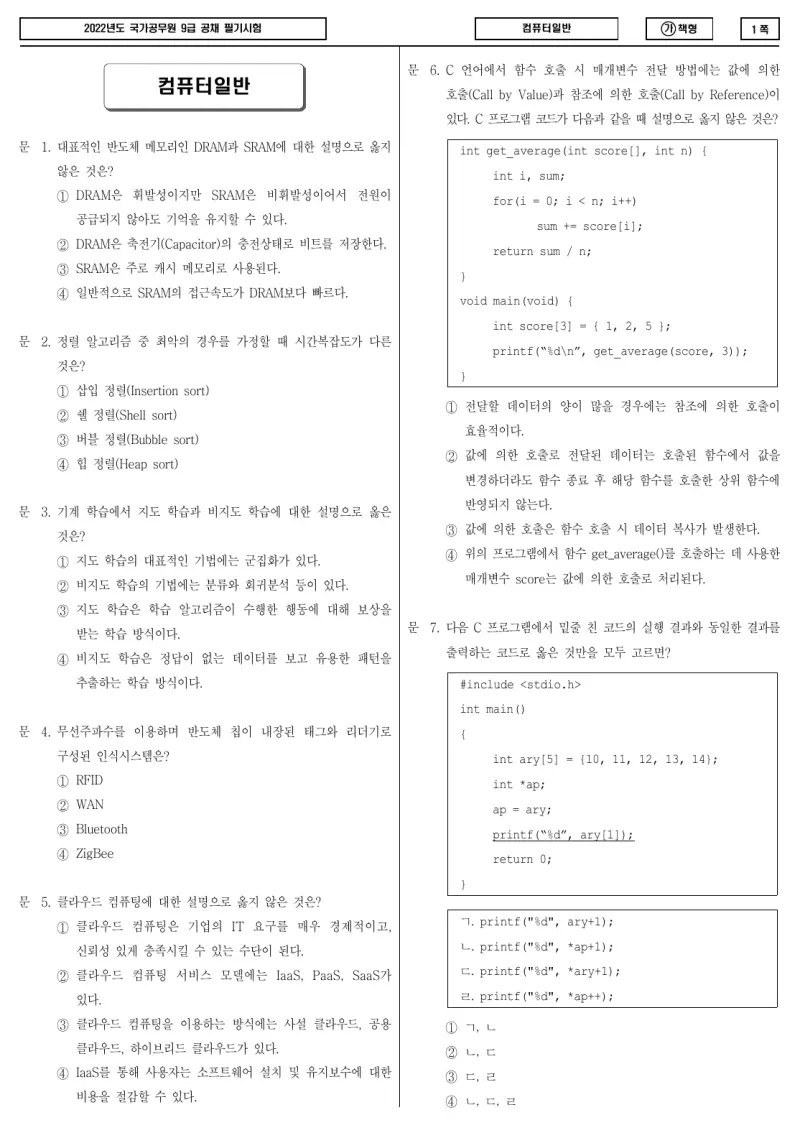 9급 국가직 컴퓨터일반 2022년 시험지 1쪽
