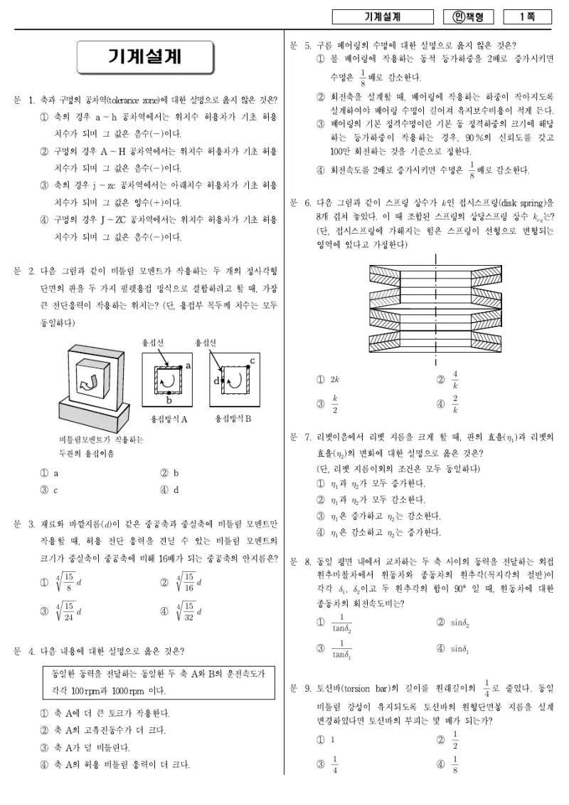 7급 국가직 기계설계 2012년 시험지 1쪽
