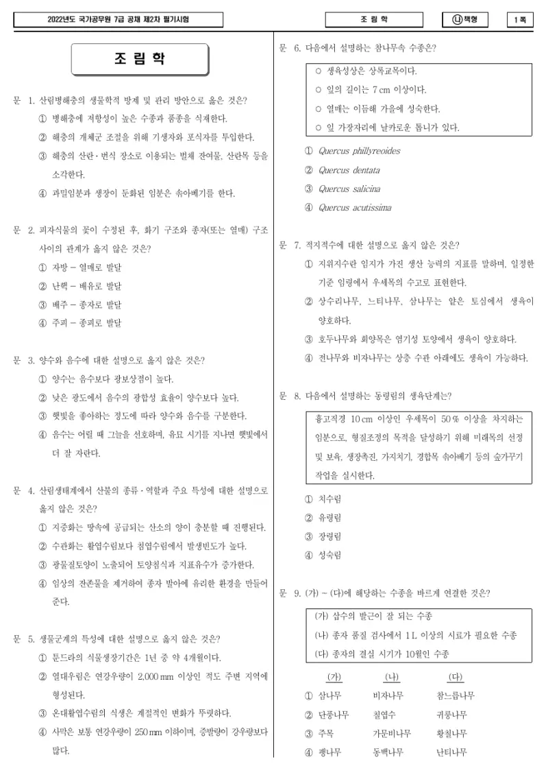 7급 국가직 조림학 2022년 시험지 1쪽